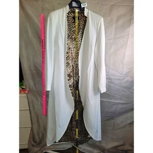 ASHRO Women's White Long Open Front Duster Coat Leopard Print Lining Size 16